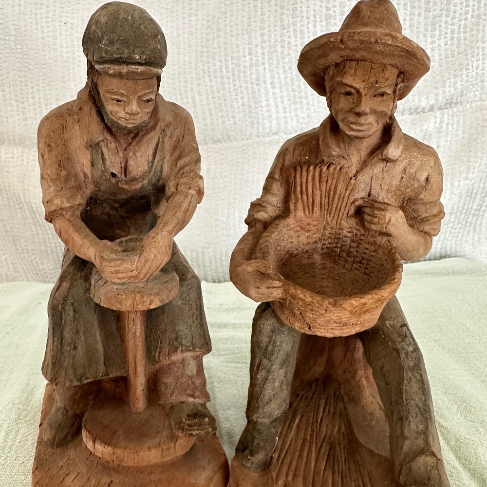 Set of 2 Vintage hand carved wood figurines, made in France